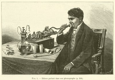 Edison snakker inn i fonografen sin (gravering) av French School