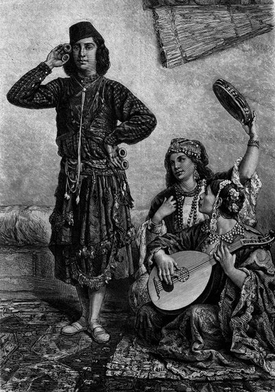 Egyptiske musikere og dansere. Mannen holder cymbaler mellom fingrene. Gravering i "" Le Journal de la jeunesse"" av French School