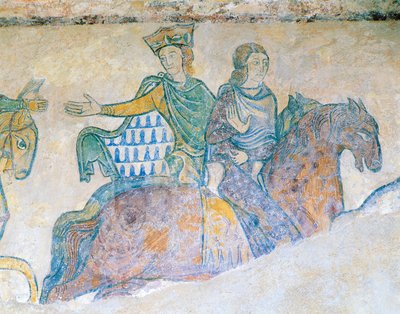 Eleanor av Aquitaine, dronning av England og hennes svigerdatter Isabella av 'Angouleme på hesteryggen av French School
