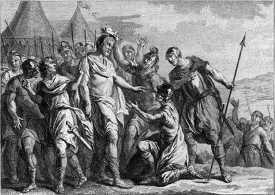 Valg av Merovee eller Merovech som leder av Salians Francs i 448. Første merovingerkonge, han kom tilbake til 458. Gravering av det 18. århundre. av French School