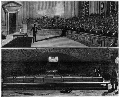 Eksperiment med elektrisk lys utført i 1813 av Humphry Davy (1778-1829), på hans kjemikurs ved Royal Institution of London (England). Gravering i "" La Nature. Revue des sciences et de ses applications aux arts et à l