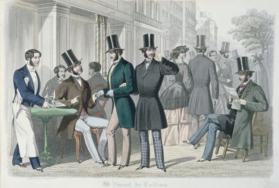 Elegante unge menn på terrassen til en kafé, 1857 (fargegravering) av French School