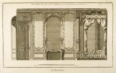 Forhøyning av skorsteinsdelen av Parade Chamber, i leiligheten hertuginnen av Orleans i Palais Royal i Paris, fra Diderots Encyclopaedia, pub. 1762 av French School