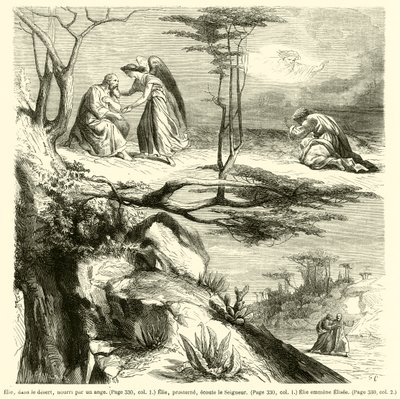 Elia, i ørkenen, matet av en engel, Elia, legger seg ned, lytter til Herren, Elias leder Elisee (gravering) av French School