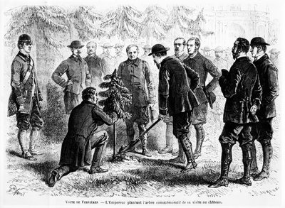 Keiser Napoleon III planter et tre ved Ferrières, hjemmet til baron James de Rothschild, for å minnes hans besøk, fra Le Monde Illustré, 2. november, 1862 av French School