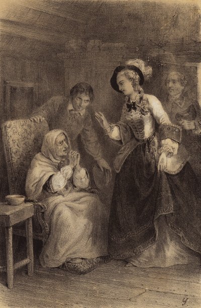 Keiserinne Maria Theresa av Østerrike på besøk hos en husbundet fattig kvinne (litho) av French School