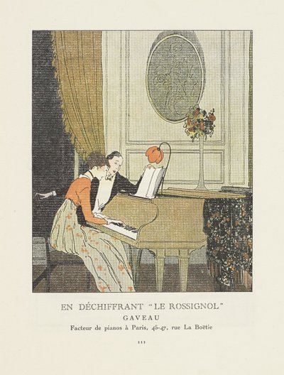 "Dechiffrerer "Le Rossignol," reklame fra La Gazette du Bon Ton, pub. 1914 av French School