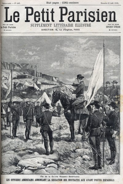 End of the Spanish-American War (American Hispano) in 1898. American officers announcing the cessation of hostilities at the Spanish outposts. Engraving in “” Le petit parisien”” from 1898. av French School