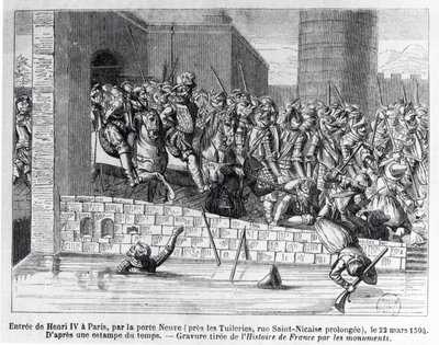 Inngangen til Henri IV (1553-1610) i Paris, 22. mars 1594 (gravering) (bw-foto) av French School