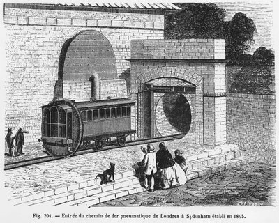 Inngangen til den pneumatiske jernbanen fra London til Sydenham, etablert i 1865 - i "The Wonders of Science", av L. Figuier. ¿ av French School