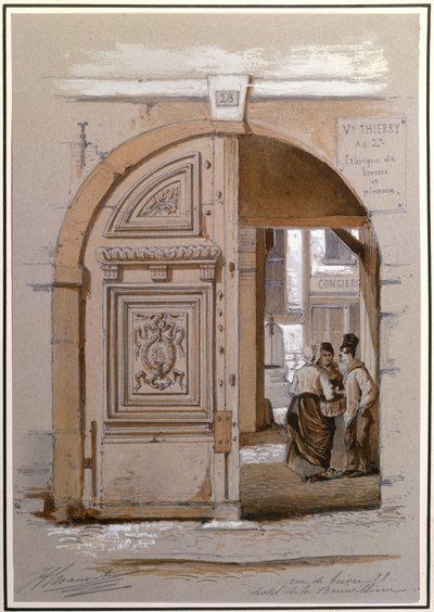Inngang til hotellet til Marquise de Brinvilliers, 28 rue de Bievre, Paris (kritt og gouache på papir) av French School