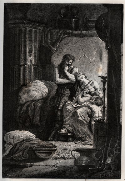 Eponine og hennes ektemann Julius Sabinus (død 78 e.Kr.) bor hemmelig i en hule for å unnslippe Vespasian-keiseren (9-79) - Sabinus og hans kone Eponine, gjemt i en hule - gravering fra "" L