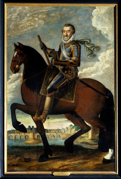 Rytterportrett av Henrik IV (1553-1610) konge av Frankrike foran Pont Neuf i Paris. Anonymt maleri fra 1600-tallet. Olje på lerret. Obligatorisk omtale: Sully sur Loire, Chateau de Sully av French School
