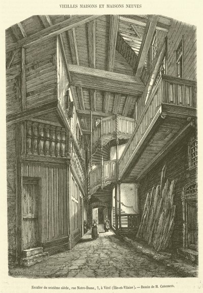 Trapp fra sekstende århundre, rue Notre-Dame, 7, i Vitre, Ille-et-Vilaine (gravering) av French School