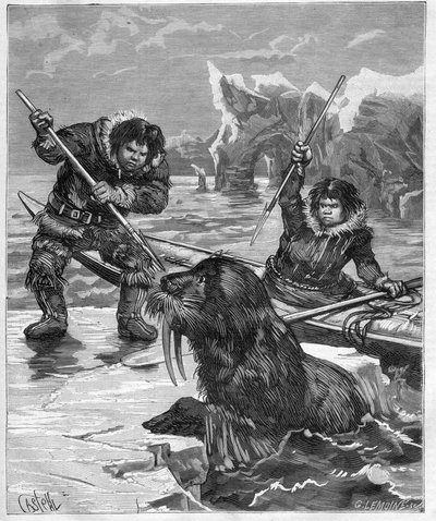 Eskimoer - fiske hvalross - Eskimoer - hvalross fiske i 1888 - - Gravering i "Journal des Voyages"" 1888 av French School