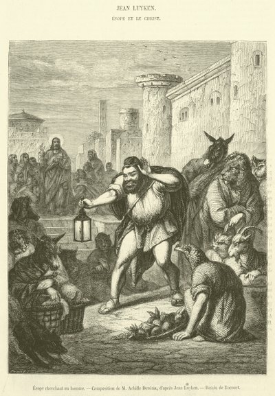 Aesop leter etter en mann (gravering) av French School