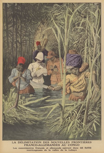 Etablering av grensen mellom franske og tyske territorier i Kongo (farge litho) av French School
