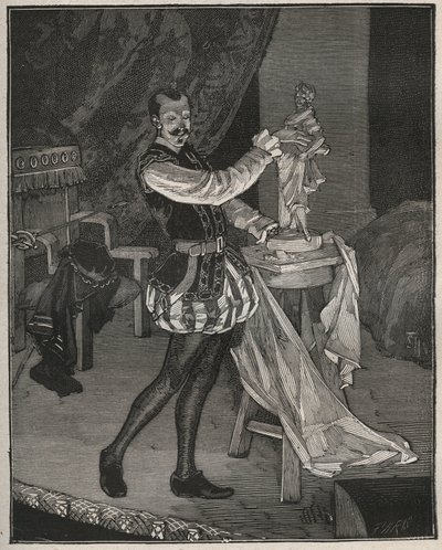 Etienne Marin Melingue (1808-1875), fransk skuespiller som spiller skulptør Benvenuto Cellini i Alexandre Dumas peres "Ascanio", tilpasset scenen av Paul Meurice. Gravering fra 1880 i ""Les arts et professions illustrés"" av Adolphe BITARD. av French School