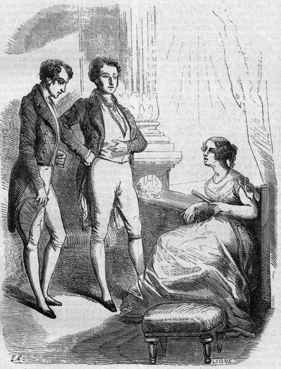 Eugene de Rastignac presentert for Madame de Nucingen av markisen av Adjuda. Gravering midten av 1800-tallet. Illustrasjon for "The Father Goriot" av Honore de Balzac (1799-1850). av French School