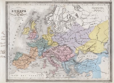 Europa etter invasjonen av barbarene på 600-tallet - Plate hentet fra "" Universal Atlas of Ancient and Modern Geography for the Use of Residential Schools"" av Vuillemin - rundt 1845 av French School