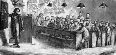 Evening class at a public adult school in Paris in 1858. av French School