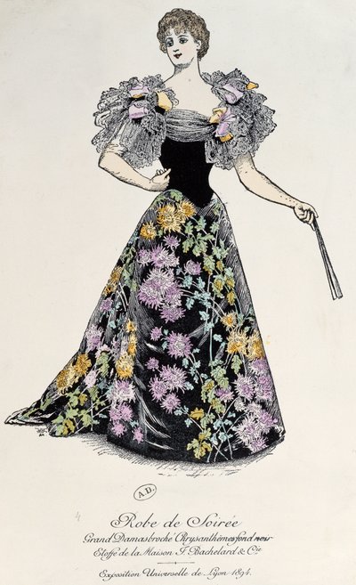 Aftenkjole i damask med krysantemumbrokade på svart bakgrunn, 1894 av French School