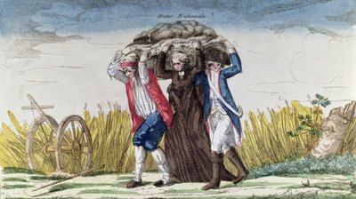 Alle bærer byrden av skatter og statsgjeld, ca. 1789 (fargegravering) av French School