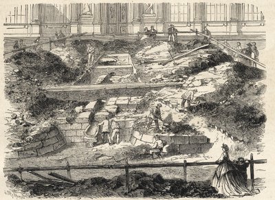 Utgravninger i Cour Carree du Louvre - Oppdagelse av fundamentene til det tidligere tårnet til Philippe Auguste - Utgravninger utført på gårdsplassen til Louvre - oppdatering av fundamentene til den tidligere Tour Philippe-Auguste - Gravering i "Le monde i av French School