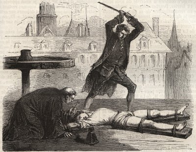 Henrettelse (Le torice de la roue) av forgiftningsmannen Antoine-Francois (Antoine Francois) Desrues (1744-1777) på Place des Greves i Paris i 1777 - Straff av Desrues, ødelagt på hjulet på Place de Greve i Paris av French School