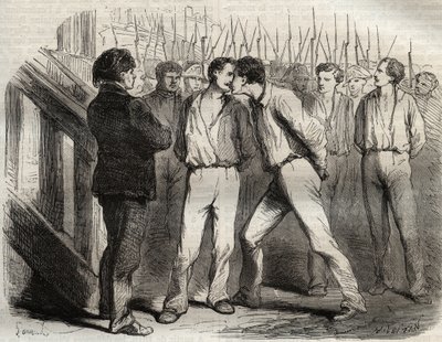Henrettelse av de fire sersjantene i La Rochelle 21. september 1822: Bories, Raoulx, Gaubin, Pommier - Raoulx, som skulle passere den første, ba om å omfavne kameratene sine - Gravering i "" Causes celebres de tous les peuples"" av Armand Fouquier (1817-18 av French School