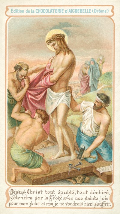 Utmattet forbereder Jesus seg på å bli spikret til korset (chromolitho) av French School