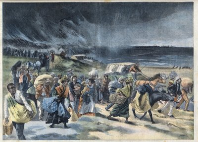 Utvandring av innbyggerne i Fort de France (Fort-de-France) etter utbruddet av vulkanen de la Montagne Pelee på Martinique. Gravering i "" Le Petro Parisien"" av French School