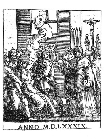 Eksorsiserende scene i 1589 av French School