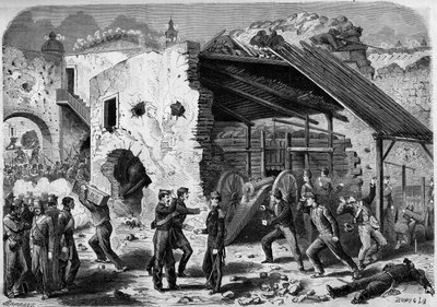 Ekspedisjon til Mexico (1861-1867) - beleiring av Puebla - 1863: angrep på en kader (husblokk) av den franske hæren. Vel inne i byen måtte de franske soldatene kjempe kvartal for kvartal. Gravering i ""Verden I av French School