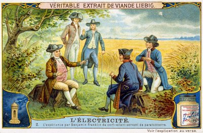 Erfaring fra Benjamin Franklin med flygende hjort brukt som lynavleder - Liebig-reklameklistremerke av French School