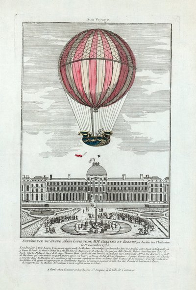 Erfaring med den aerostatiske kloden til MM. Charles og Robert på Jardin des Thuileries 1. desember 1783, pub. 1783 (håndfarget gravering) av French School
