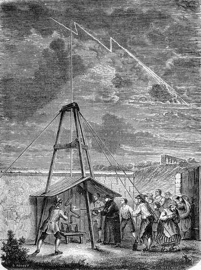 Erfaring gjort 10. mai 1752, av Thomas Francois (Thomas-Francois) Dalibard (1703-1779) en Marly, første demonstrasjon av tilstedeværelsen av elektrisitet i stormfulle skyer - gravering av French School