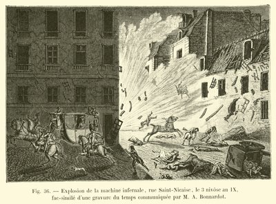 Eksplosjon av helvetesmaskinen, rue Saint-Nicaise, 3 Nivose, år IX, faksimile av en gravering fra tiden formidlet av MA Bonnardot av French School