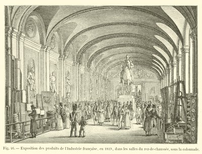 Utstilling av produkter fra fransk industri, i 1819, i rommene i første etasje, under søylegangen av French School