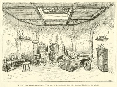 Retrospektiv utstilling av Labor, rekonstruksjon av et kjemikers laboratorium på 1600-tallet (gravering) av French School
