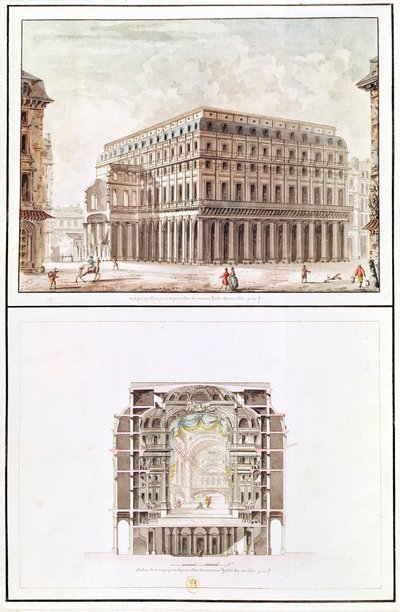 Eksteriør og tverrsnitt av interiøret til Theatre des Varietes, 6 rue de Richelieu av French School
