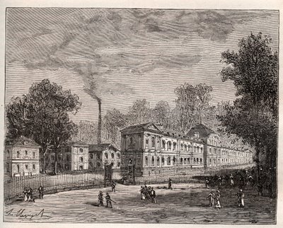 Utvendig visning av Imperiale Porselensfabrikk i Sevres, bygget i parken Saint Cloud etter planene til arkitekten Laudin - gravering i "Frankrike illustree: geografi, historie, statistisk administrasjon" av V.-A. Malt-brun. 1884 av French School
