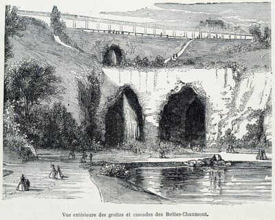 Utvendig utsikt over kaskadene og hulene i Buttes Chaumont, gravering fra 1800-tallet av French School