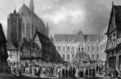 Utvendig utsikt over tinghuset. I «Notre Dame de Paris» av Victor Hugo, gravering fra 1844. av French School