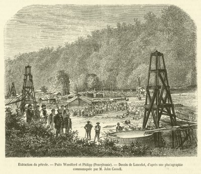 Oljeutvinning, Woodford og Philipp Wells, Pennsylvania (gravering) av French School