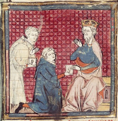F.117r Messengers som forteller Karl den Store om seieren over saracenerne, fra Grandes Chroniques de France, 1375-79 av French School