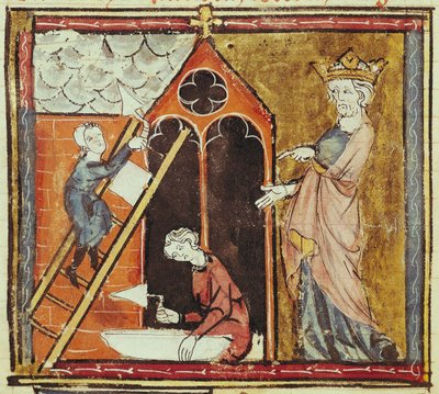 F.235v Kong Ludvig VI (1080-1137) Ser på byggingen av en kirke, fra Grandes Chroniques de France 1375-79 av French School