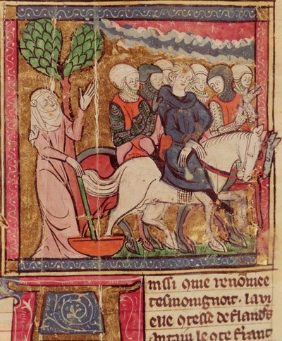 F.288r Ferdinand av Portugal (1186-1233) Greve av Flandern tatt som fange til Paris etter slaget ved Bouvines, 27. juli 1214, Grandes Chroniques de France, 1375-79 av French School
