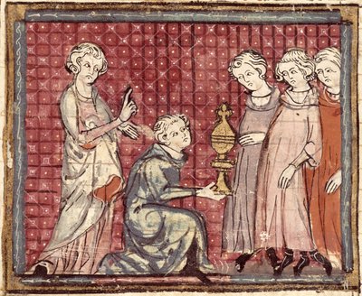F.29r The Division of the Kingdom on the Death of Clotaire I (497-561), fra Grandes Chroniques de France 1375-79 av French School
