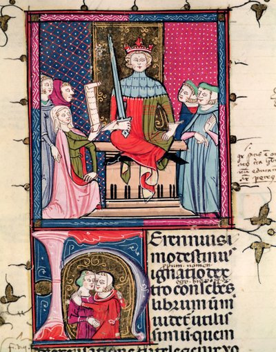 F.39r Conjugal Law, en utro kone som møter i retten, fra Justiniani i Fortiatum av French School